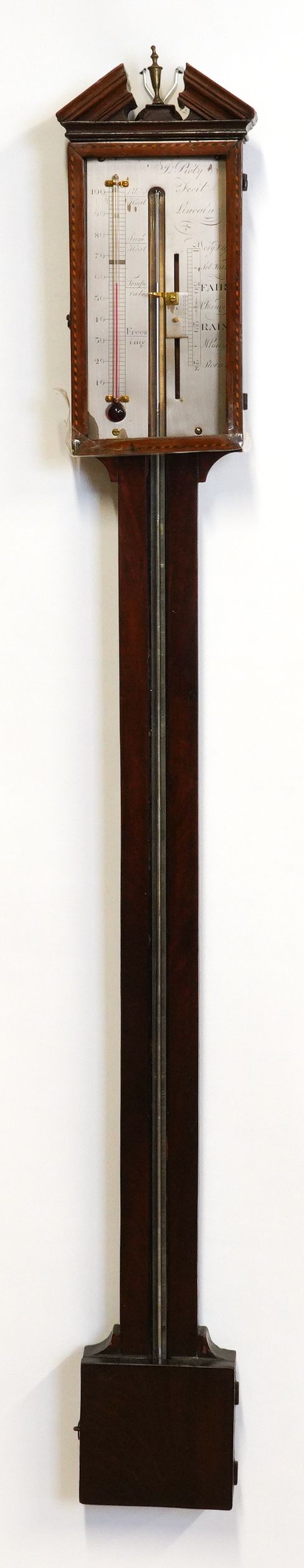 A GEORGE III MAHOGANY AND CHEQUER STRUNG STICK BAROMETER