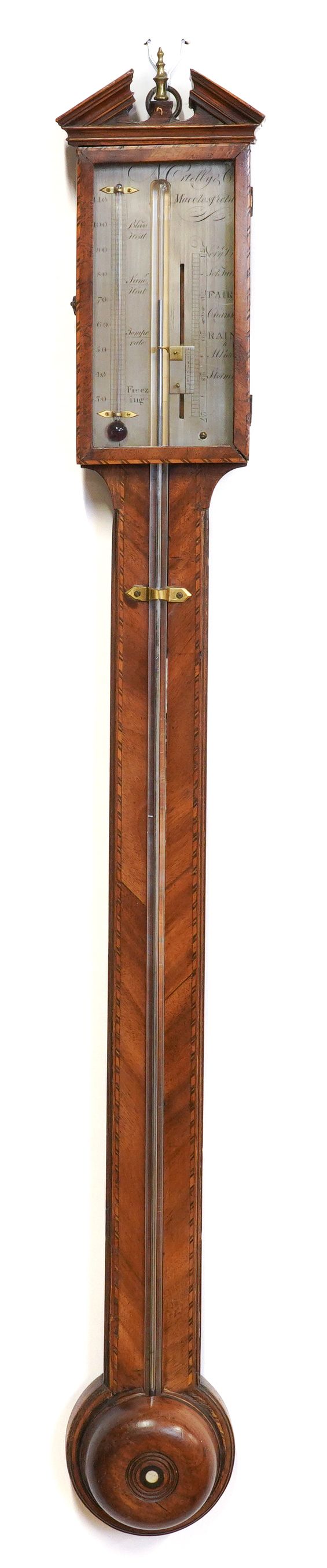 A GEORGE III MAHOGANY AND CHEQUER OUTLINED STICK BAROMETER