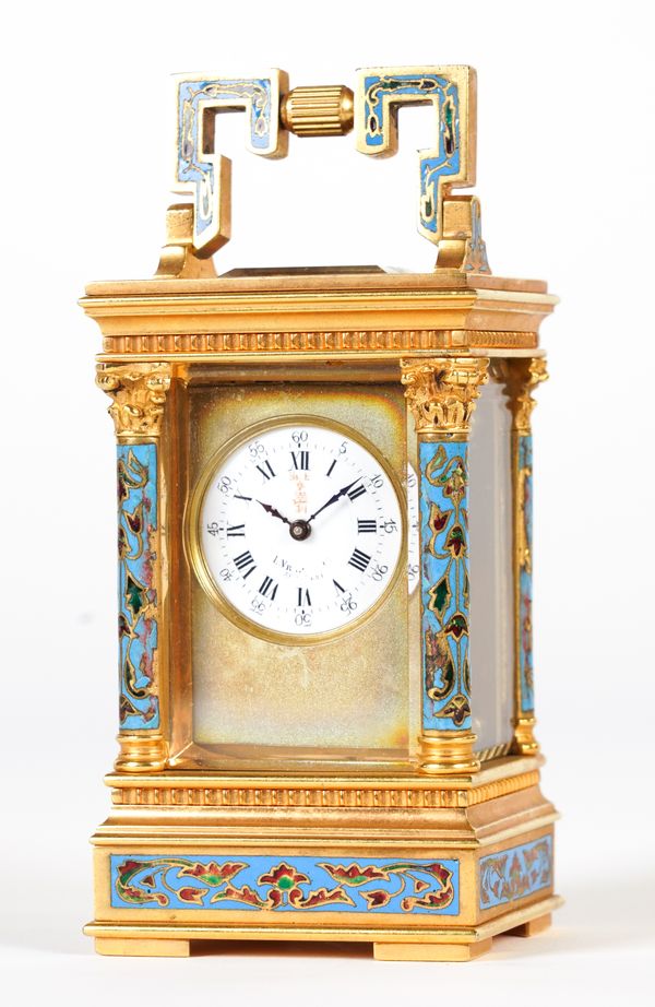 A FRENCH GILTBRASS & CLOISONNE ENAMEL MINIATURE CARRIAGE TIMEPIECE