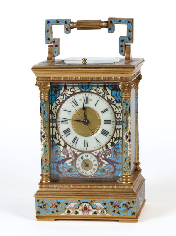 A FRENCH GILTBRASS CLOISONNE DECORATED ANGLAISE RICHE CASED PETITE SONNERIE CARRIAGE CLOCK