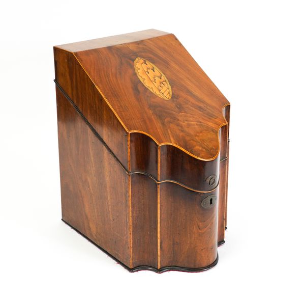 A GEORGE III INLAID MAHOGANY SLOPE TOP KNIFE BOX