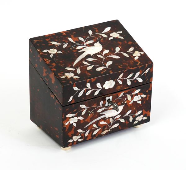 A 19TH CENTURY MOTHER OF PEARL INLAID TORTOISESHELL SLOPE FRONT TEA CADDY