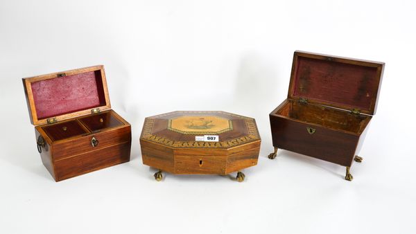 AN EARLY 19TH CENTURY PENWORK AND ROSEWOOD COMPRESSED OCTAGONAL JEWELLERY BOX (3)