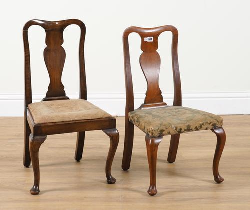 A NEAR PAIR OF DIMINUTIVE WALNUT FRAMED QUEEN ANNE STYLE VASE BACK CHAIRS (2)
