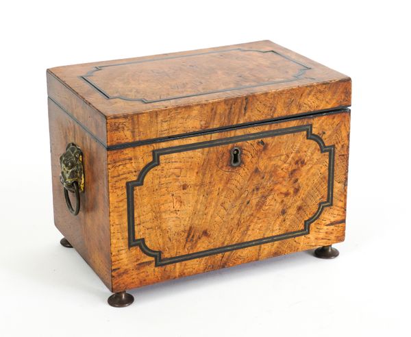 AN EARLY 19TH CENTURY POLLARD OAK RECTANGULAR TEA CADDY