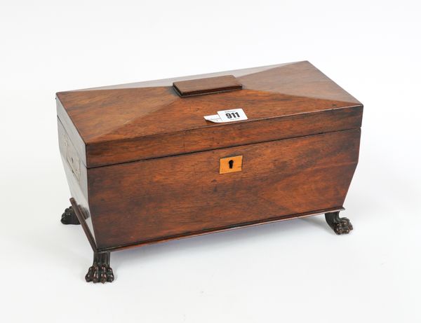 A REGENCY ROSEWOOD SARCOPHAGUS TEA CADDY