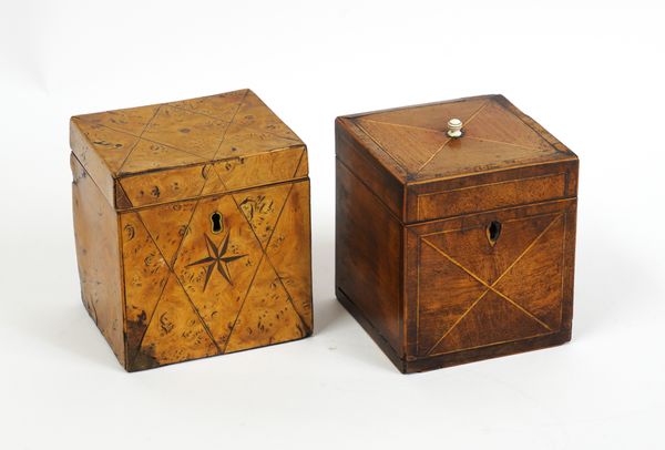 AN EARLY 19TH CENTURY POLLARD OAK CUBE TEA CADDY (2)