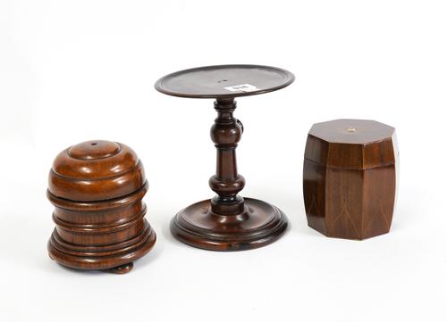 A 19TH CENTURY INLAID MAHOGANY OCTAGONAL STRING BOX (3)