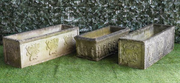 A PAIR OF RECTANGULAR RECONSTITUTED STONE PLANTERS (3)