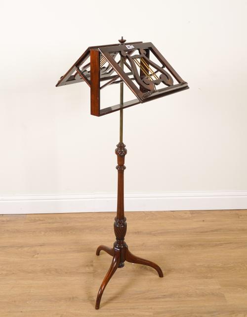A MAHOGANY LYRE DECORATED DUET MUSIC STAND