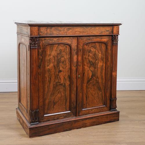 A VICTORIAN MARBLE TOP TWO DOOR COLLECTOR'S CABINET