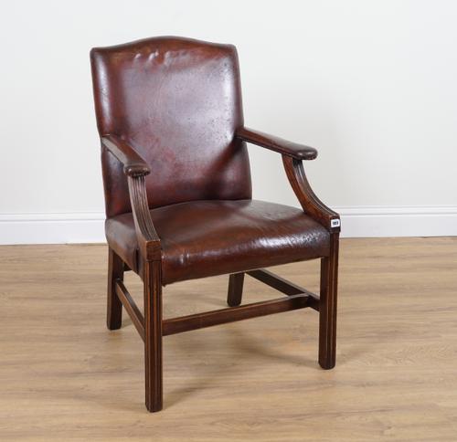 AN 18TH CENTURY STYLE TAN LEATHER UPHOLSTERED GAINSBOROUGH STYLE OPEN ARMCHAIR