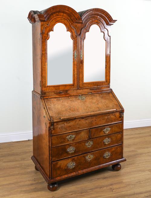 A QUEEN ANNE WALNUT DOUBLE DOME BUREAU BOOKCASE