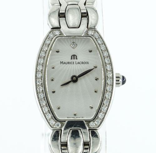 MAURICE LACROIX. A LADIES STEEL & DIAMOND SET QUARTZ BRACELET WRISTWATCH