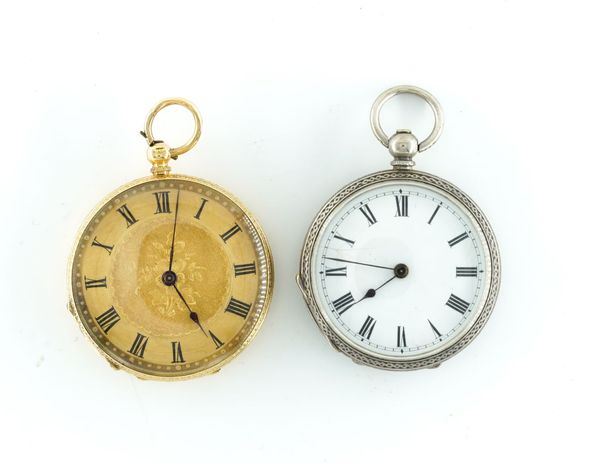 AN 18K GOLD CASED KEY WOUND FOB WATCH AND A SILVER FOB WATCH (2)