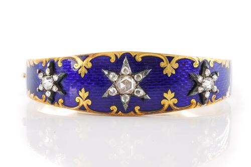 A VICTORIAN DIAMOND AND ENAMEL BANGLE