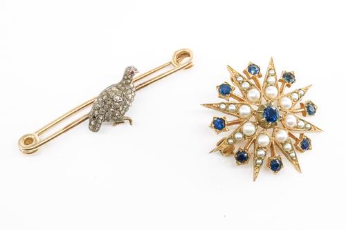 A DIAMOND SET BIRD BROOCH AND A PEARL AND SAPPHIRE CRESCENT BROOCH/PENDANT (2)