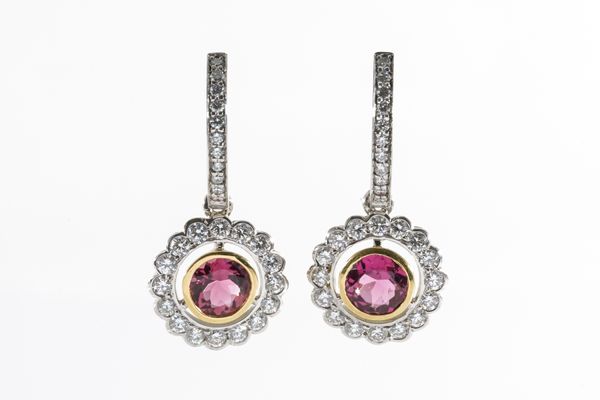 A PAIR OF PINK TOURMALINE AND DIAMOND EARRINGS