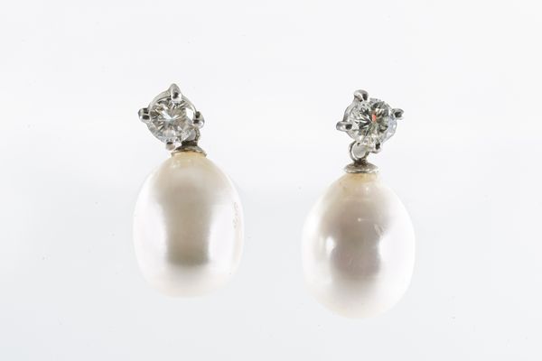 A PAIR OF DIAMOND AND PEARL DROP EARRINGS