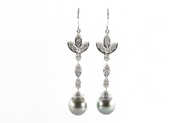 A PAIR OF GREY CULTURED PEARL AND DIAMOND DROP EARRINGS