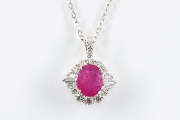 A RUBY AND DIAMOND PENDANT AND CHAIN