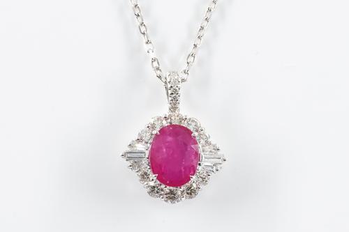 A RUBY AND DIAMOND PENDANT AND CHAIN