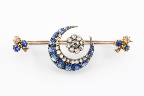 A VICTORIAN DIAMOND AND SAPPHIRE CRESCENT BROOCH