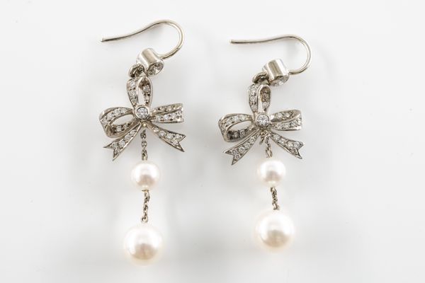 A PAIR OF DIAMOND AND CULTURED PEARL DROP EARRINGS