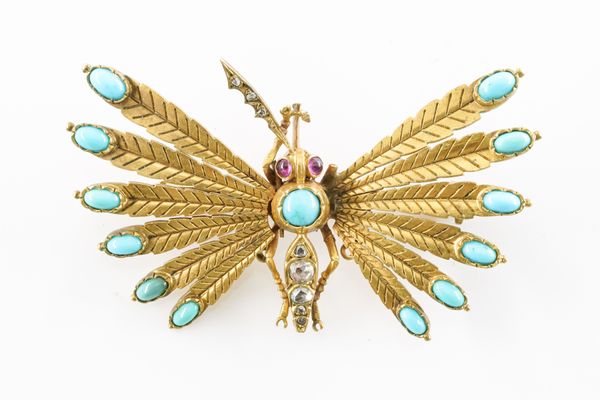 AN EARLY 20TH CENTURY DIAMOND, RUBY AND TURQUOISE BUTTERFLY BROOCH