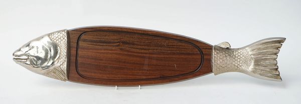 A group of five novelty white metal and mahogany serving platters