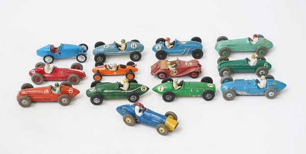 Thirteen toy model race cars