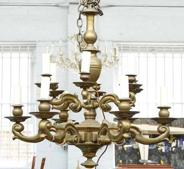 A Dutch brass twelve-light chandelier