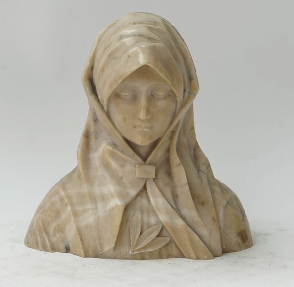 An Italian alabaster bust of a hooded woman