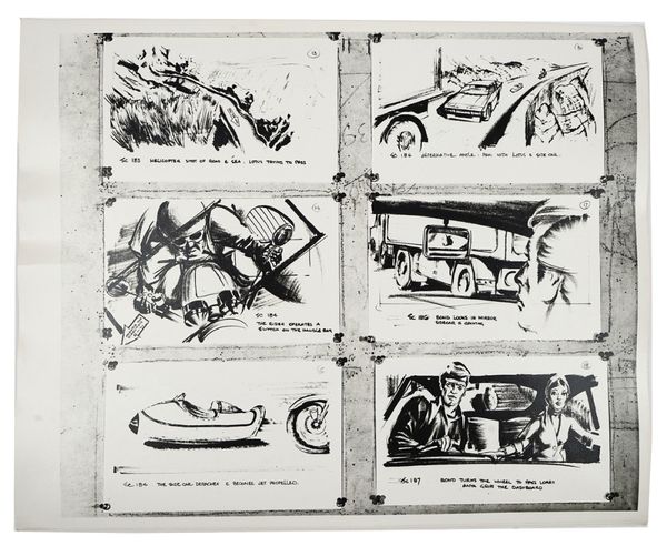 JAMES BOND ‘THE SPY WHO LOVED ME’, 1977 –  PHOTOGRAPHIC REPRODUCTION  STORYBOARDS FOR THE LOTUS AND MOTORCYCLE SIDECAR MISSILE CHASE SEQUENCE