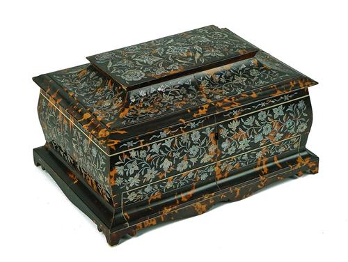 A WILLIAM IV MOTHER-OF-PEARL INLAID AND IVORY BANDED TORTOISESHELL SARCOPHAGUS SHAPED WORK BOX
