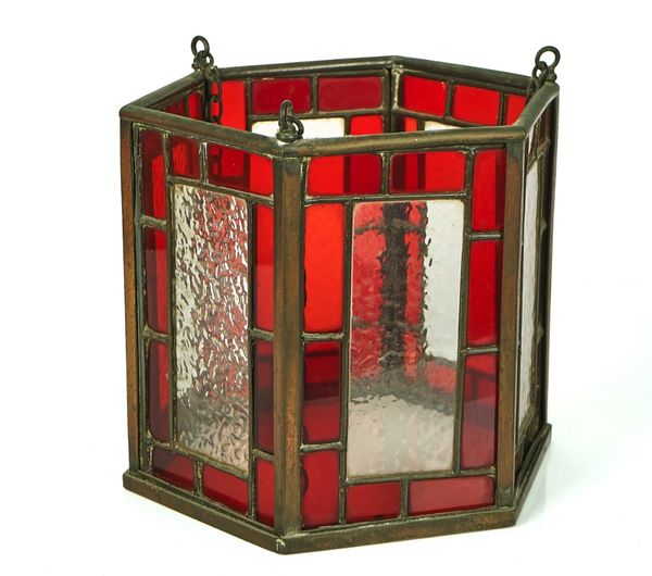 A BRASS MOUNTED LEADED STAINED GLASS HEXAGONAL HALL LANTERN