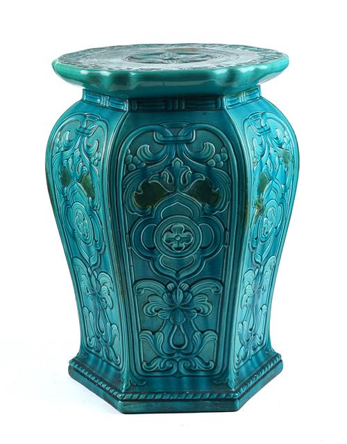 A MINTON MAJOLICA TURQUOISE GLAZED GARDEN SEAT