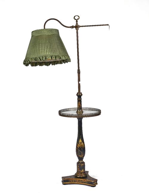 A BLACK LACQUER CHINOISERIE DECORATED LAMP READING TABLE