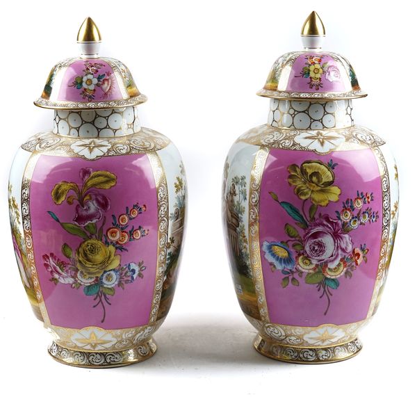 A PAIR OF TALL DRESDEN PORCELAIN OVOID VASES AND COVERS