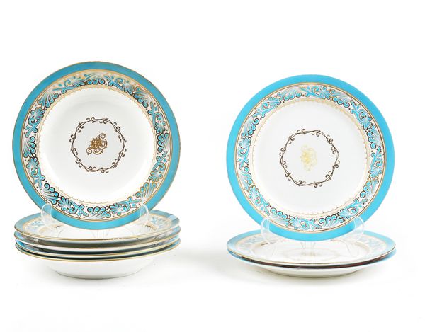 FIVE ENGLISH PORCELAIN TURQUOISE-GROUND MONOGRAMMED SOUP PLATES AND THREE DINNER PLATES (17)