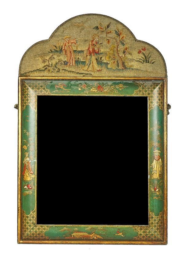 A QUEEN ANNE STYLE GREEN LACQUER GILT DECORATED MIRROR