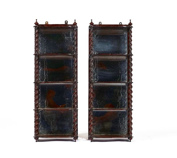 A PAIR OF VICTORIAN MIRROR BACK ROSEWOOD FIVE-TIER HANGING SHELVES