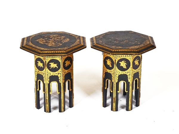 A PAIR OF GILT DECORATED BACK LAQUER OTTOMAN STYLE OCTAGONAL OCCASIONAL TABLES (2)