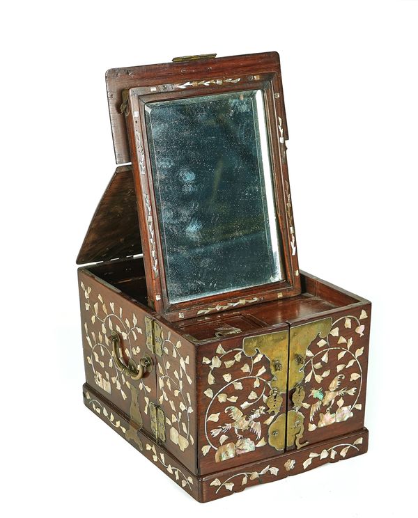 A SOUTH-EAST ASIAN MOTHER-OF-PEARL INLAID ROSEWOOD TRAVELLING TOILET CABINET