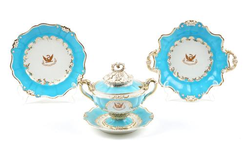 A COALPORT PORCELAIN TURQUOISE- GROUND ARMORIAL PART DESSERT SERVICE