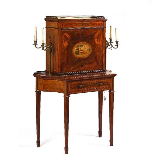 AN EDWARDIAN SATINWOOD BANDED POLYCHROME PAINTED MAHOGANY BONHEUR-DU-JOUR