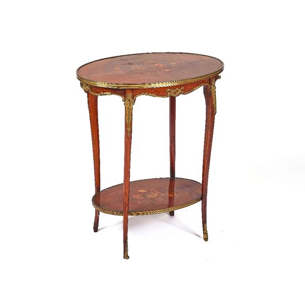 A LATE 19TH CENTURY FRENCH GILT-METAL MOUNTED KINGWOOD MARQUETRY OVAL TWO-TIER OCCASIONAL TABLE OR ETAGERE