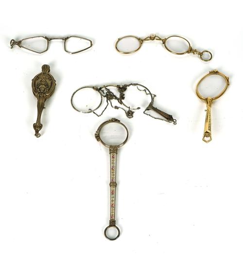 A PAIR OF FOLDING SILVER AND ENAMEL LORGNETTES AND FIVE OTHER PAIRS OF LORGNETTES (6)