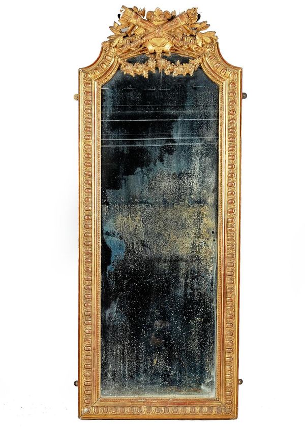 A 19TH-CENTURY FRENCH PIER MIRROR WITH FLAMING TORCH AND CARTOUCHE CREST ABOVE EGG AND DART MOULDED FRAME