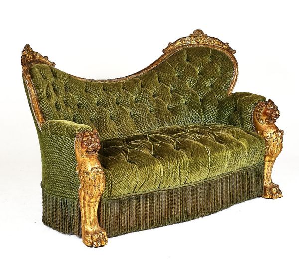 IN THE MANNER OF GILLOWS CIRCA 1840, A PAIR OF SHAPED GILT-FRAMED SOFAS (2)